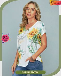 Floral Vacation V Neck Shirts & Tops Fall Vacation Short Sleeve T-shirt, Summer Casual Blouse With Graphic Print, Casual Summer Blouse With Graphic Print, Short Sleeve T-shirt For Vacation In Fall, Fall Vacation T-shirt With Short Sleeves, Casual Fall Vacation T-shirt, Casual T-shirt For Vacation In Fall, Casual T-shirt For Fall Vacation, Graphic Print V-neck Tops For Vacation