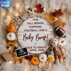 a baby announcement with pumpkins and a teddy bear