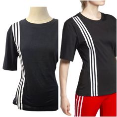 Nwt Adidas Tailored Black Round Neck Tee Tailored Tee With Darts In The Back. Nipped In At The Waist. Kimono Style Short Sleeve. Adidas Crew Neck T-shirt With Side Stripes, Athleisure Short Sleeve Top With Side Stripes, Short Sleeve Tops With Side Stripes Athleisure, Athleisure Tops With Side Stripes And Short Sleeves, Adidas Tops With Side Stripes For Streetwear, Casual Short Sleeve Tops With Side Stripes, Sporty Stretch Top With Three Stripes, Black Tops With Side Stripes For Streetwear, Streetwear Tops With Side Stripes For Spring