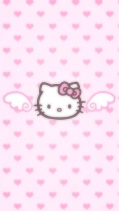 a hello kitty wallpaper with hearts and an angel wing on it's side