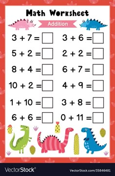 a math worksheet with dinosaurs and numbers for kids to practice their addition skills