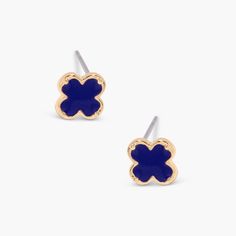 Add some luck to your style with these Chatham Enamel Earrings. Featuring a playful clover design and sleek gold accents, these enamel earrings are a fun and stylish addition to any outfit. Perfect for the fashion-forward and the superstitious alike! Available in 14k gold plated brass Enamel filled earring measures 1/4" Stainless steel post with friction back Protected with an anti-tarnish barrier SKU: BYE1180 Navy Earrings, Tennis Jewelry, Initial Charm Bracelet, Clover Design, Steel Post, Enamel Earrings, Initial Charm, Monogram Initials, Turquoise Jewelry