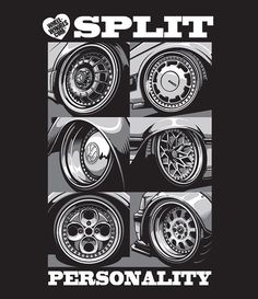 four different types of wheels with the words splitt on them in black and white