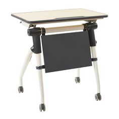 a desk with wheels and a black board on it's back end, against a white background