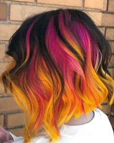 Short Fun Hair Color, Halloween Color Hair, Fun Colors To Dye Your Hair, Fun Hair Color Ideas For Brunettes Fall, Colorful Bob Hair, 3 Color Hair Dye Ideas, Dark Colorful Hair, Sunset Hair Color Short, Hair Dye Ideas Colorful