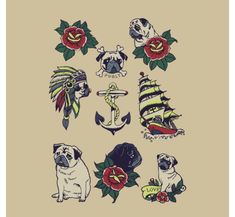 an assortment of tattoos with dogs and ships in them on a beige background, including roses