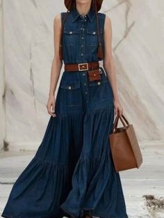 Dark blue jeans short sleeves midi dress - Wapas Vestiti In Jeans, Denim Maxi Dress, Denim On Denim, Denim Short Dresses, Midi Short Sleeve Dress, Maxi Tank Dress, Types Of Dresses, Mode Inspiration, Pocket Dress