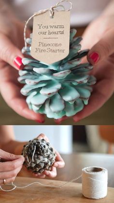 pine cone ornaments are being held by two hands with twine spools on them