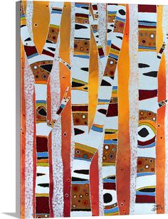 an abstract painting of trees with different colors and patterns on it's barks