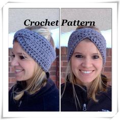 two pictures of a woman wearing a crochet headband