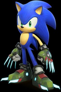 sonic the hedge is holding his hand up in front of him, with glowing green eyes and