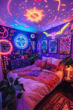 a bed room with a neatly made bed and lots of neon lights on the ceiling