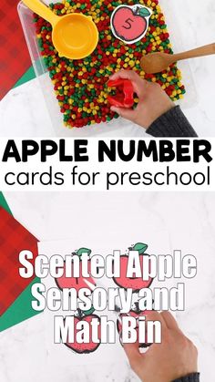 an apple number card for preschool is shown with the words, see - able apple sensoryard and math bin