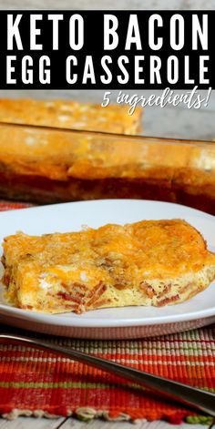 keto bacon egg casserole on a white plate next to some bread sticks