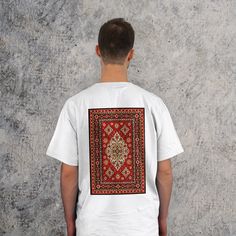 "Elevate your style with our Turkish Rug Tribe Front and Back Trendy Shirt - a unique blend of tradition and trend. This Antique Vintage Traditional Turkish Carpet T-shirt captures the essence of bohemian flair and Anatolian heritage. Embrace the beauty of the woven past with this Bohemian Wool Rug Tee.  #TurkishRugStyle #BohemianChic Feel free to take a peek at our other products and explore more delights! 👇 https://www.etsy.com/shop/irokoStudio - Gildan 5000 - Seamless double-needle collar - Bohemian Red Cotton T-shirt, White Bohemian Shirt With Crew Neck, White Bohemian Crew Neck Shirt, Bohemian White Shirt With Graphic Print, Red Bohemian Cotton T-shirt, White Bohemian Shirt With Graphic Print, Vintage Traditional, Trendy Shirts, Turkish Carpet