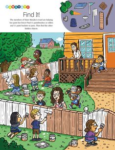 an illustrated book with children playing in the yard