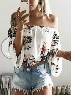 Shop White Off Shoulder Print Detail Long Sleeve Blouse from choies.com .Free shipping Worldwide.$9.99 Mode Ulzzang, Summer Outfit Ideas, Hippie Outfits, Chiffon Blouse, Estilo Boho, Fashion Mode, Spring Outfits Casual, Ladies Dress Design