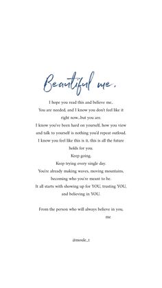 a poem written in blue ink with the words beautiful me on it, and an image of