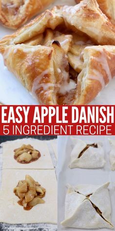 uncooked apple danishes on cutting board and cooked apple danish on serving tray Apple Pie Danish, Apple Danish Puff Pastry, Apple Filling Recipes Easy, Apple Puff Pastry Recipes Simple, Apple Pastry Recipes, Apple Puff Pastry Recipes, Easy Danish Recipe, Fruit Turnovers