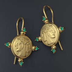 Transport yourself to the captivating era of ancient Rome with our stunning 18k Janus Coin Gold Earrings, meticulously handcrafted in Italy by Oltremare Gioielli. These exquisite earrings pay homage to the grandeur of Roman aesthetics, featuring a flawless blend of historical charm and contemporary elegance. Dazzle onlookers with the mesmerizing allure of natural emeralds, adorning these earrings with a lush green hue that echoes the opulence treasured by Roman elites. The emeralds, handpicked f Historical Yellow Gold Drop Earrings, Yellow Gold Historical Drop Earrings, Yellow Gold Drop Earrings With Historical Design, White Gold Byzantine Jewelry Hallmarked, Yellow Gold Earrings With Historical Design As Gift, Luxury Round Earrings For Ceremonial Occasions, Ancient Ceremonial Hallmarked Jewelry, Elegant Yellow Gold Earrings With Historical Design, Ancient Style Yellow Gold Jewelry For Ceremonial Occasions