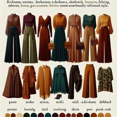 Deep Autumn Palette Outfits Style, Autumn Colour Capsule Wardrobe, Outfits For True Autumn, Autum Pallette Clothes, Deep Autumn Women, Autumn Seasonal Color Analysis Outfits, Dark Autumn Vs True Autumn