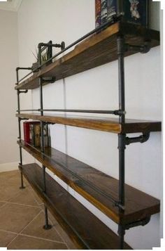 the shelves are made out of wood and metal