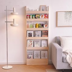 a living room with a couch, lamp and bookshelf on the wall in front of it