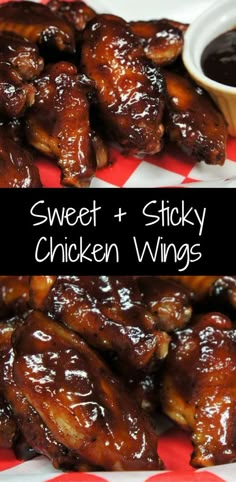 sweet and sticky chicken wings on a red and white checkered tablecloth with dipping sauce