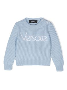 sky blue virgin wool ribbed knit embroidered logo at the chest crew neck long sleeves straight hem button fastening at the shoulder Versace Kids, Dress With Jean Jacket, Baby Boy Accessories, Gucci Kids, Dolce And Gabbana Kids, Wool Jumper, Kids Jordans, Boys Accessories, Kids Logo