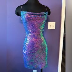 Purple Iridescent Sequin Short Formal Dress, Size 5/6, New With Tags Attached, Elastic Straps Iridescent Sequin Dress For Party Season, Iridescent Shimmer Dress For Parties, Iridescent Sequin Party Dress, Iridescent Sequin Dress For Night Out, Green Shimmer Party Dress, Glamorous Iridescent Shimmer Dress, Iridescent Fitted Mini Dress, Iridescent Dresses For Summer Parties, Fitted Iridescent Mini Dress For Spring