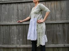 Upcycled Women  Lagenlook Dress Loose Women Top Wearable Art Bohemian Clothing Cottage Shabby Chic Sage Green Tie, Lagenlook Dress, Funky Shirts, Cottage Shabby Chic, Bohemian Clothing, Loose Top, Green Tie, Medium Dress, Sleeve Women