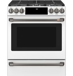 a white stove with two burners and an oven door on the top, in front of a white background