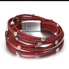 Unique Red Rhinestone Wrap Bracelet With A Silver Magnetic Closure. Long Enough To Be Worn As A Choker. Brand New And 15.5 Inches Total Each Bracelet Is $15 Or 2 For $24. But More And Save More Make A Bundle And Make Me An Offer Red Metal Jewelry With Rhinestones, Elegant Red Crystal Bracelet, Red Crystal Bracelet Gift, Red Crystal Bracelet For Gift, Red Crystal Bracelet For Party, Red Metal Crystal Bracelet Gift, Elegant Red Adjustable Crystal Bracelet, Elegant Adjustable Red Crystal Bracelet, Red Rhinestone Crystal Bracelet For Party