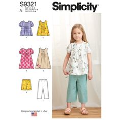 "Buy the Simplicity® Pattern CS9321 (3-4-5-6-7-8) at Michaels. Apparel Sewing Project. Loose-fitting top or dress has front tucks, back button loop closure and stitched hems. Simplicity Children's Tucked Tops, Dresses, Shorts and Pants Sewing Pattern CS9321Apparel Sewing Project. Loose-fitting top or dress has front tucks, back button loop closure and stitched hems. A, B: gathered short sleeves with elastic. C, D: sleeveless. A, D: purchased trim. D: appliques. Straight leg pants or shorts have Kids Sportswear, Sewing Patterns Girls, Children Top, Pants Sewing Pattern, Girl Dress Patterns, Sewing Patterns For Kids, Pattern Pieces, Simplicity Sewing, Pleated Bodice