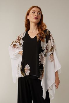 Stunning in all ways, this gorgeous, flowy cape sleeve top by Joseph Ribkoff is definitely a head turner. Black, white, pink, and olive colors come together in a floral print to create a lovely top that easily can we worn all year long. Colors-Black, white, pink, olive green. Cape sleeve. Flowy material lays over a black tank lining. V-neck. Fabric-Outer shelf -100% Polyester. Inner tank lining- 98% Polyester. 5% Spandex. Turn garment inside out and hand wash in cold water with like colors. Remo Elegant Cape Top For Spring, Elegant Spring Cape Top, Chic Summer Cape Tops, Black Kimono Sleeves Top For Spring, Elegant Spring Tops With Kimono Sleeves, Elegant Summer Top With Cape Sleeves, Floral Cape, Green Cape, Pink Olive