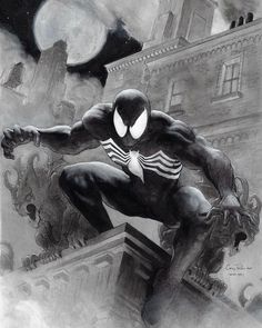 a black and white drawing of a spider man