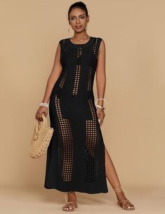 Elevate your style with our elegant Black Sleeveless Crochet Knit Maxi Dress. Made from high-quality crochet knit, it boasts a flattering sleeveless design and a flowy maxi length. Perfect for any occasion, this dress will make you feel confident and chic while turning heads. A must-have for your wardrobe! 100% Polyester Hand Wash Only Brand Size Dress Bust Waist Hip XS 0-2 31-32.5'' 23-24'' 31-34" S 4--6 33-35'' 25-26'' 35-37" M 8--10 35-36'' 27-28'' 38-39" L 12--14 38-40'' 29-31'' 40-42" XL 14-16 40-42'' 33.5-36'' 44-46" 2XL 18-20 42-44'' 37-40'' 47-50" 3XL 22-24 44-46'' 41-46'' 51-55" 4XL 26-28 46-48'' 47-50'' 56-60" Chic Knit Maxi Dress For Beach, Sleeveless Open Knit Crochet Dress For Beach, Elegant Open Knit Crochet Dress For Vacation, Chic Sleeveless Maxi Dress With Hollow Out, Chic Knit Maxi Dress For Vacation, Chic Sleeveless Crochet Dress For Vacation, Sleeveless Crochet Knit Dress For Vacation, Chic Crochet Sleeveless Dress For Vacation, Open Knit Maxi Dress For Vacation