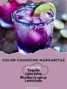 an advertisement for a blueberry lemonade cocktail with the words color - changing margaritas