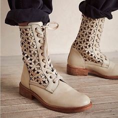 A Feminine Take On An Edgy Silhouette, These So Cool Combat Boots Are Featured In A Secure Lace-Up Style And Buttery Soft Leather With Intricate Flower-Shaped Cutouts, Easy Back Zip Closures, And A Minimal Block Heel. Round Toe Lace-Up Style Cushioned Footbed Import Leather New, No Box. Beige Flat Heel Summer Boots, Beige Flat Heel Boots For Summer, Spring Leather Boots With Flat Heel, Spring Flat Heel Boots, Summer Cream Closed Toe Boots, Chic Lace-up Spring Boots, Summer Cream Flat Heel Boots, Chic Lace-up Boots For Spring, Cream Round Toe Summer Boots