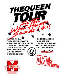 the queen tour poster with red and black lettering