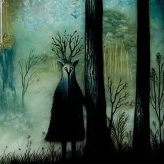 a painting of a deer standing in the middle of a forest next to tall trees