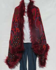 Unique Himalayan Yak/Sheep Wool Blend & Faux Fur Cape/Shawl/Wrap !!!…Ideal Unique Handcrafted gift for you, family, your friends and co-workers…!!! Handloomed/Handcrafted by Artisans Hand Embroidery Stitched Accents that Emphasize the Patterns in the Shawl Design,  Boiled Himalayan Yak/Sheep Wool Blend Shawl Handmade in Nepal Dominate Shades of Red + Orange Faux Fur Tribal Design and Pattern A solid color Yak & Sheep Wool Blend of yarns hand loomed shawl in Nepal is handcrafted by a tribal famil Handmade Bohemian Winter Wraps, Handmade One-size Fall Wraps, Red Wool Shawl For Fall, Winter Woven Shawl One Size, Red Shawl Wrap For Winter, Winter Woven One-size Shawl, Red Shawl Wrap, Handmade Red Shawl, One Size, Shawl Design