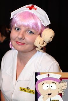 a woman with pink hair wearing a nurse uniform