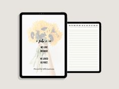 a notepad with a sunflower on it and a hand holding a flower next to it