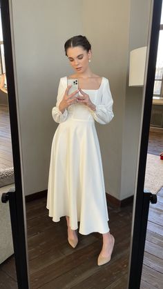 Square neckline short wedding dress Modest Wedding Dresses With Sleeves Short, Bridal Dress Midi Oraganza Sleeve, Short Sleeved Satin Wedding Dress, Casual Short Winter Wedding Dress, Elegant Long Sleeve Wedding Dress Short, Civil Wedding Dress Courts Winter, Bridal Dress Midi Sleeve, Mid Length Wedding Dress Short Sleeve, Full Skirt Midi Wedding Dress