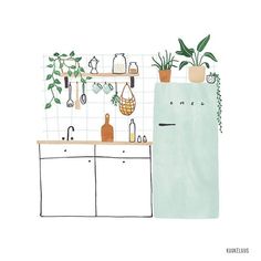 a drawing of a kitchen with plants on the wall