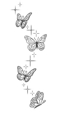 three butterflies flying in the air on a white background, with one black and white line drawing