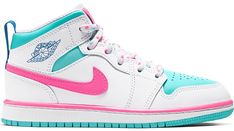 Check out the Jordan 1 Mid White Pink Green Soar (PS) available on StockX Air Jordan 1 Mid White, Jordan 1 Blue, Jordan 1 Mid White, Authentic Jordans, Preppy Shoes, Cute Nike Shoes, Cute Nikes, Swag Shoes, Kids Jordans