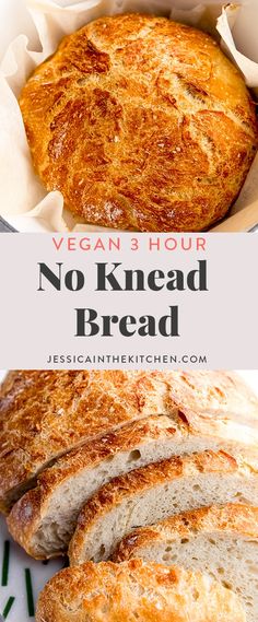 no knead bread in a bowl with text overlay that reads vegan 3 hour no knead bread