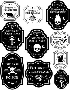 six different labels with skulls and bones on them, all in black and white colors